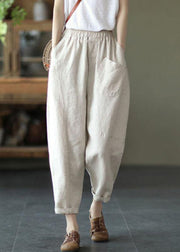 French Beige Elastic Waist Harem Summer Pants Linen - SooLinen