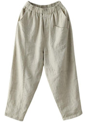 French Beige Elastic Waist Harem Summer Pants Linen - SooLinen