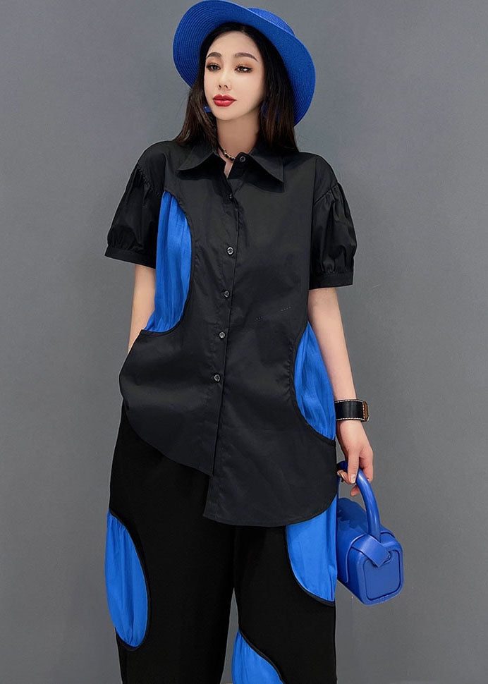 French Black Asymmetrical Dot Applique Cotton Shirt And Crop Pant Two-Piece Set Summer