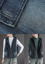 French Black Denim hooded Patchwork Fall Waistcoat Sleeveless - SooLinen