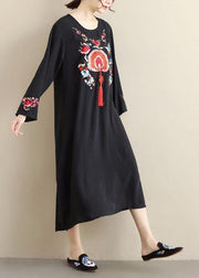 French Black Embroidery Quilting Dresses O Neck Tassel Kaftan Spring Dress - SooLinen