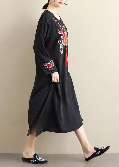 French Black Embroidery Quilting Dresses O Neck Tassel Kaftan Spring Dress - SooLinen