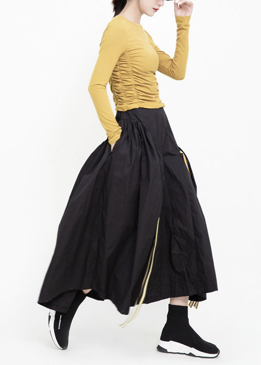 French Black High Waist Wrinkled Pockets Asymmetrical Design Fall Skirts