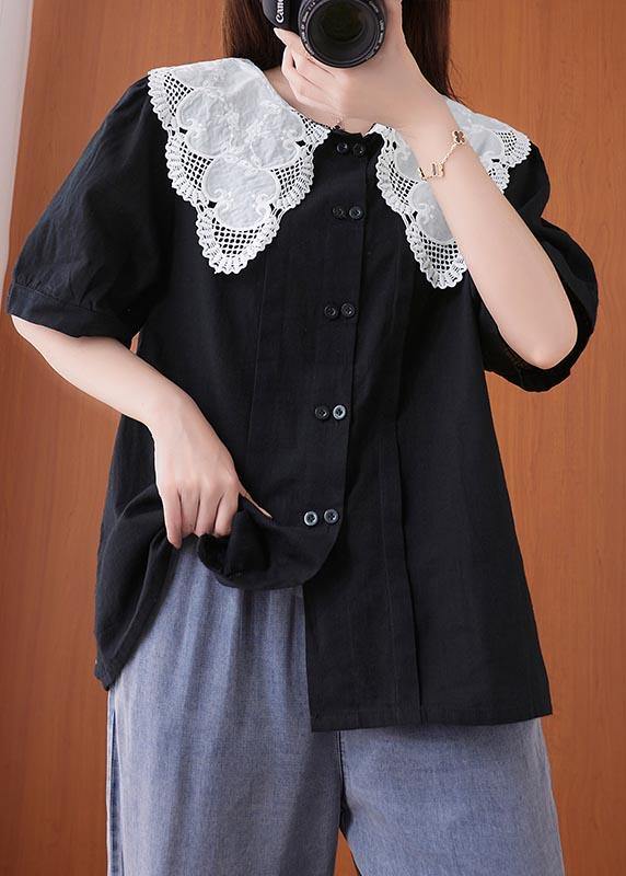 French Black Patchwork Lace Cotton Linen Shirt Top Summer - SooLinen