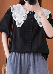 French Black Patchwork Lace Cotton Linen Shirt Top Summer - SooLinen