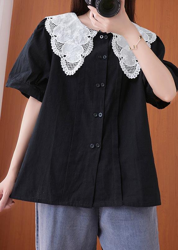 French Black Patchwork Lace Cotton Linen Shirt Top Summer - SooLinen