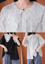 French Black Patchwork Lace Cotton Linen Shirt Top Summer - SooLinen