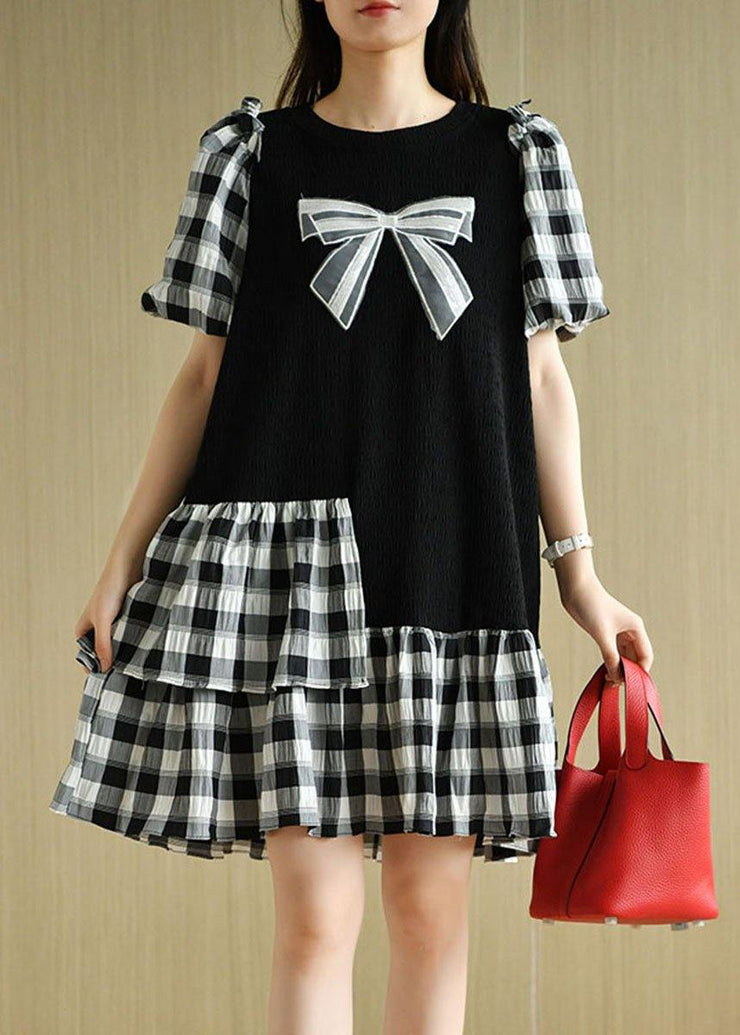 French Black Patchwork Plaid Summer Puff Sleeve Dresses - SooLinen