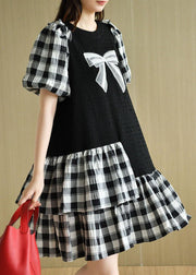 French Black Patchwork Plaid Summer Puff Sleeve Dresses - SooLinen