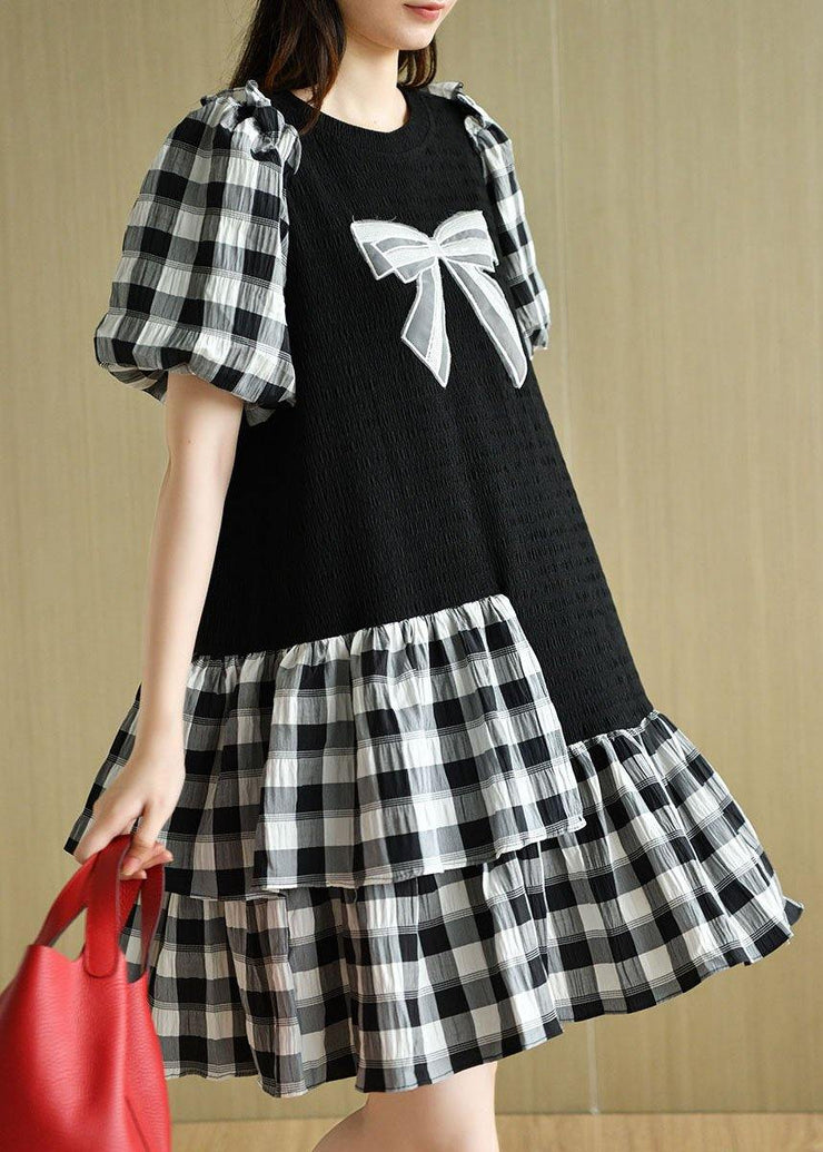 French Black Patchwork Plaid Summer Puff Sleeve Dresses - SooLinen