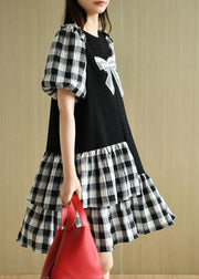 French Black Patchwork Plaid Summer Puff Sleeve Dresses - SooLinen