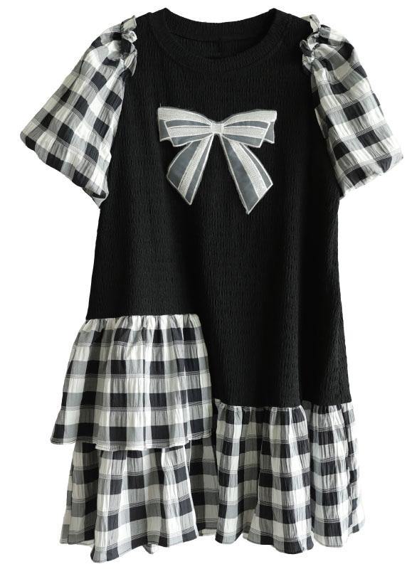 French Black Patchwork Plaid Summer Puff Sleeve Dresses - SooLinen