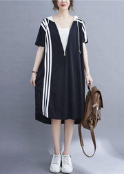 French Black Patchwork Striped low high design Ankle Dress Summer - SooLinen