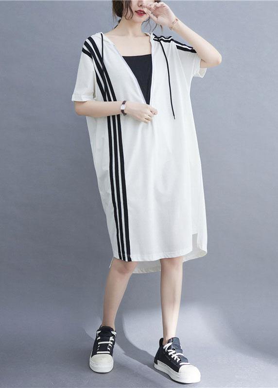 French Black Patchwork Striped low high design Ankle Dress Summer - SooLinen