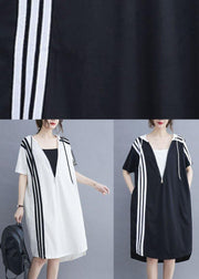 French Black Patchwork Striped low high design Ankle Dress Summer - SooLinen