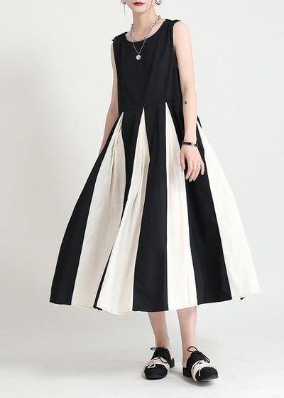 French Black Patchwork White Sleeveless Maxi Dress Summer - SooLinen