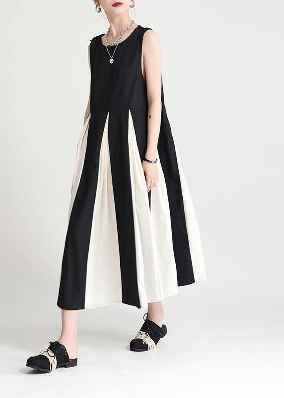 French Black Patchwork White Sleeveless Maxi Dress Summer - SooLinen