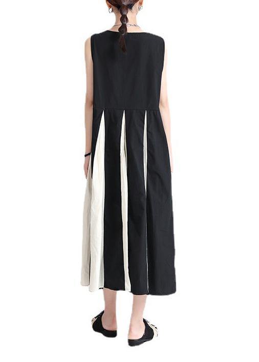 French Black Patchwork White Sleeveless Maxi Dress Summer - SooLinen