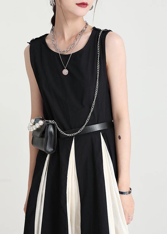 French Black Patchwork White Sleeveless Maxi Dress Summer - SooLinen