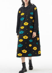 French Black Peter Pan Collar Floral Patchwork Woolen Dress Spring