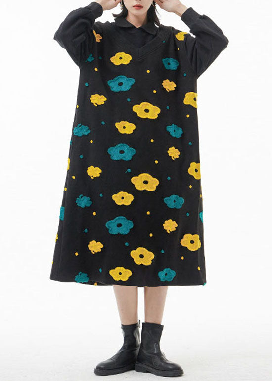 French Black Peter Pan Collar Floral Patchwork Woolen Dress Spring