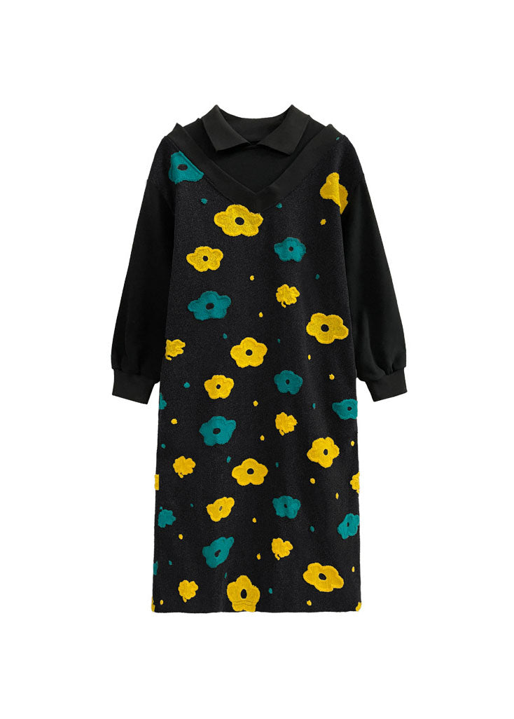 French Black Peter Pan Collar Floral Patchwork Woolen Dress Spring