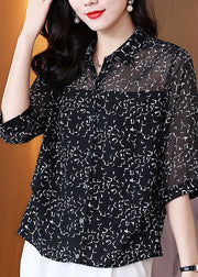 French Black Peter Pan Collar Letter Print Chiffon Shirt Tops Half Sleeve