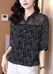 French Black Peter Pan Collar Letter Print Chiffon Shirt Tops Half Sleeve