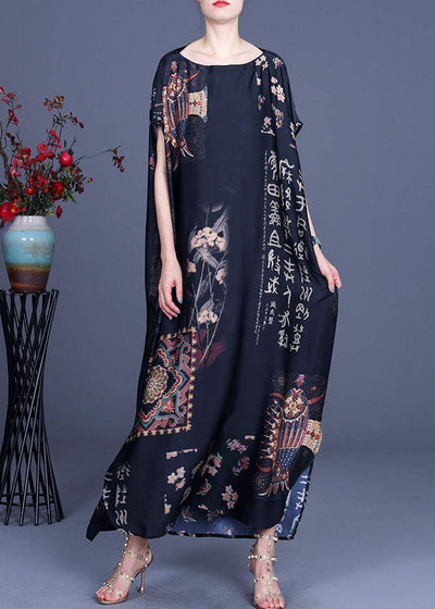 French Black Print Side open Silk Long Dress Summer - SooLinen