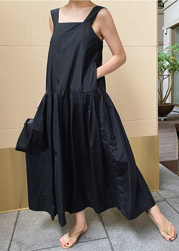 French Black Slash Neck Pockets Wrinkled Cotton Long Dress Sleeveless