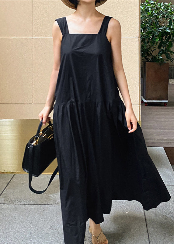 French Black Slash Neck Pockets Wrinkled Cotton Long Dress Sleeveless