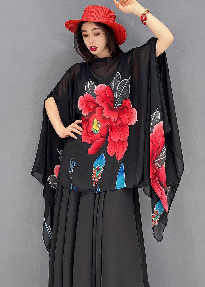 French Black Slash neck Asymmetrical Design Floral Print Chiffon Two Piece Set Batwing Sleeve