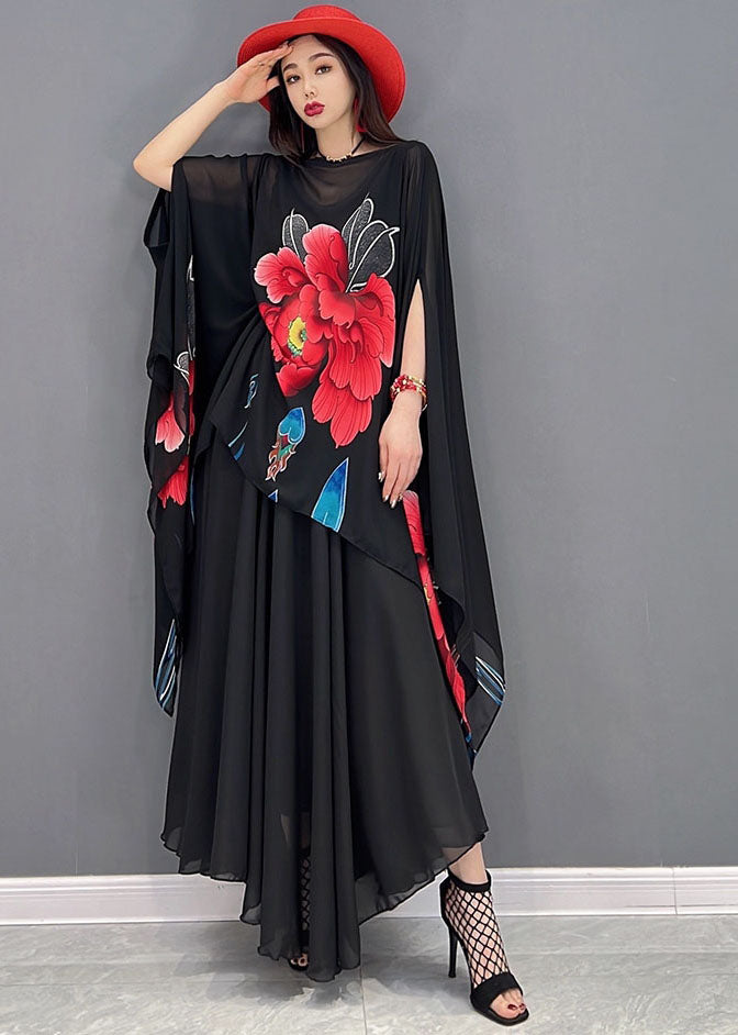 French Black Slash neck Asymmetrical Design Floral Print Chiffon Two Piece Set Batwing Sleeve