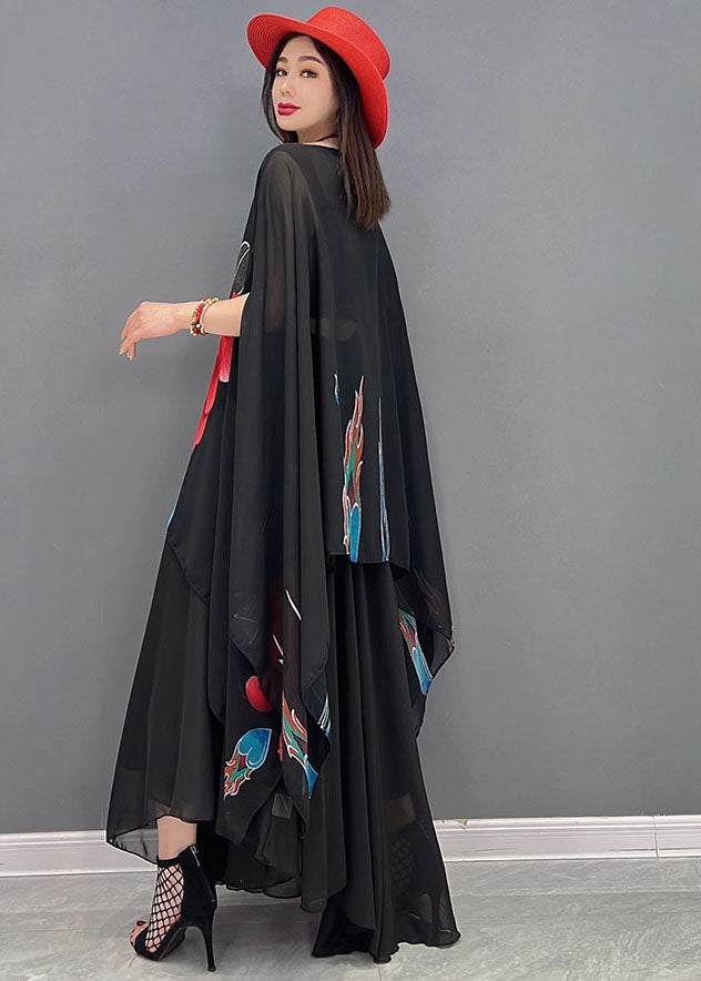 French Black Slash neck Asymmetrical Design Floral Print Chiffon Two Piece Set Batwing Sleeve