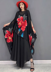 French Black Slash neck Asymmetrical Design Floral Print Chiffon Two Piece Set Batwing Sleeve