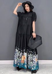 French Black Stand Collar Floral Print Wrinkled Patchwork Cotton Long Dress Short Sleeve