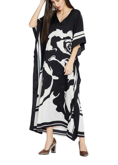 French Black White Floral Half Sleeve kimono robe Mid Chiffon Dress - SooLinen