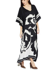 French Black White Floral Half Sleeve kimono robe Mid Chiffon Dress - SooLinen