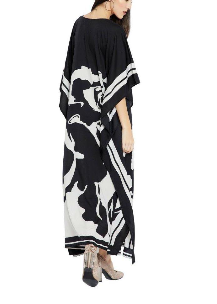 French Black White Floral Half Sleeve kimono robe Mid Chiffon Dress - SooLinen