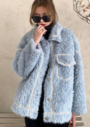 French Blue Button Faux Fur Winter Casual Coat