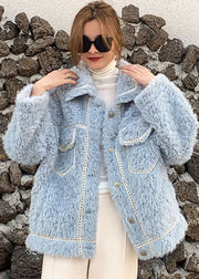 French Blue Button Faux Fur Winter Freizeitmantel