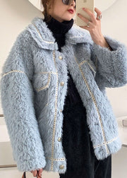 French Blue Button Faux Fur Winter Casual Coat