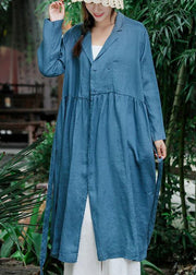 French Blue Clothes For Women Notched Tie Waist Robe Spring Dress - SooLinen