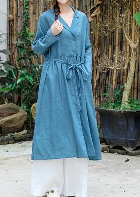 French Blue Clothes For Women Notched Tie Waist Robe Spring Dress - SooLinen