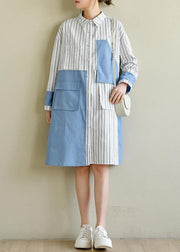 French Blue Cotton Dress Striped Patchwork Dress - SooLinen