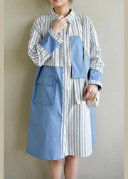 French Blue Cotton Dress Striped Patchwork Dress - SooLinen