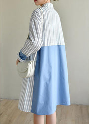 French Blue Cotton Dress Striped Patchwork Dress - SooLinen