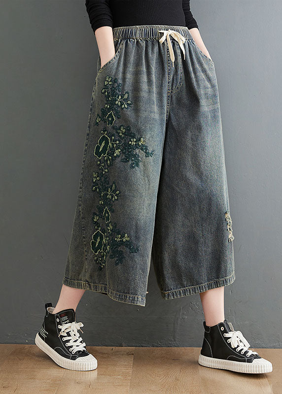 French Blue Elastic Waist Drawstring Embroideried Pockets Cotton Wide Leg Pants Summer