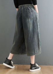 French Blue Elastic Waist Drawstring Embroideried Pockets Cotton Wide Leg Pants Summer