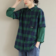 French Blue Green Plaid Tops Women Blouses Lapel False Two Pieces Shirts - SooLinen